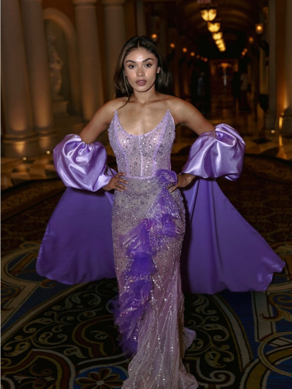 Lavender Beaded Gown with Dramatic Cape Sleeves